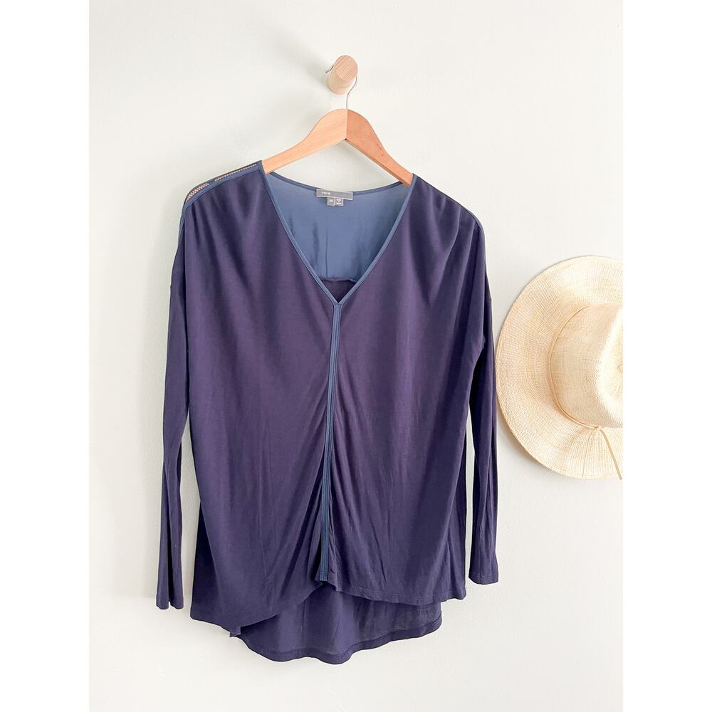 Vince | Long Sleeve Silk & Cotton Tip | Navy | XS